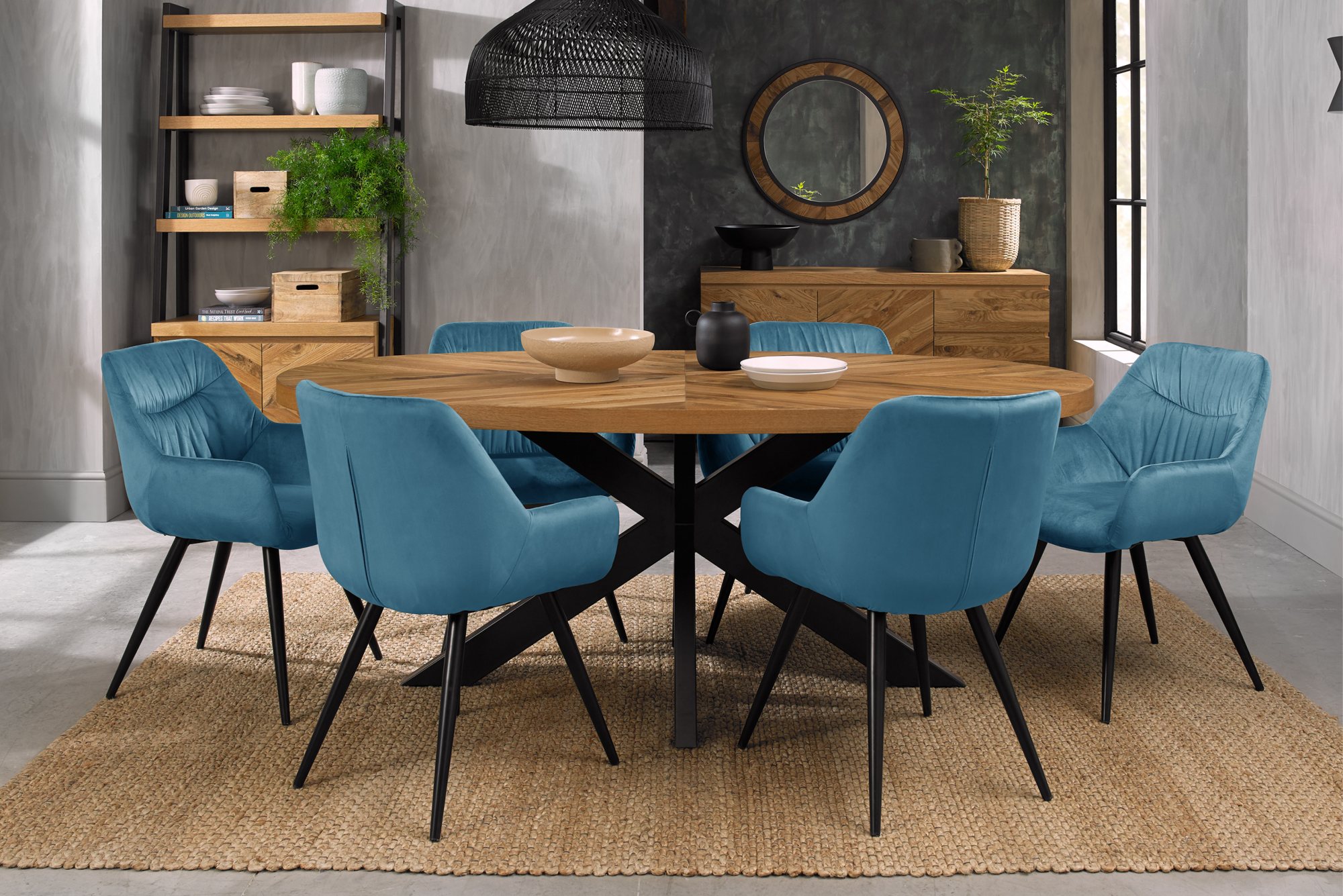 Home Origins Bosco Rustic Oak 6 seater dining table with 6 Dali chairs- petrol blue velvet fabric