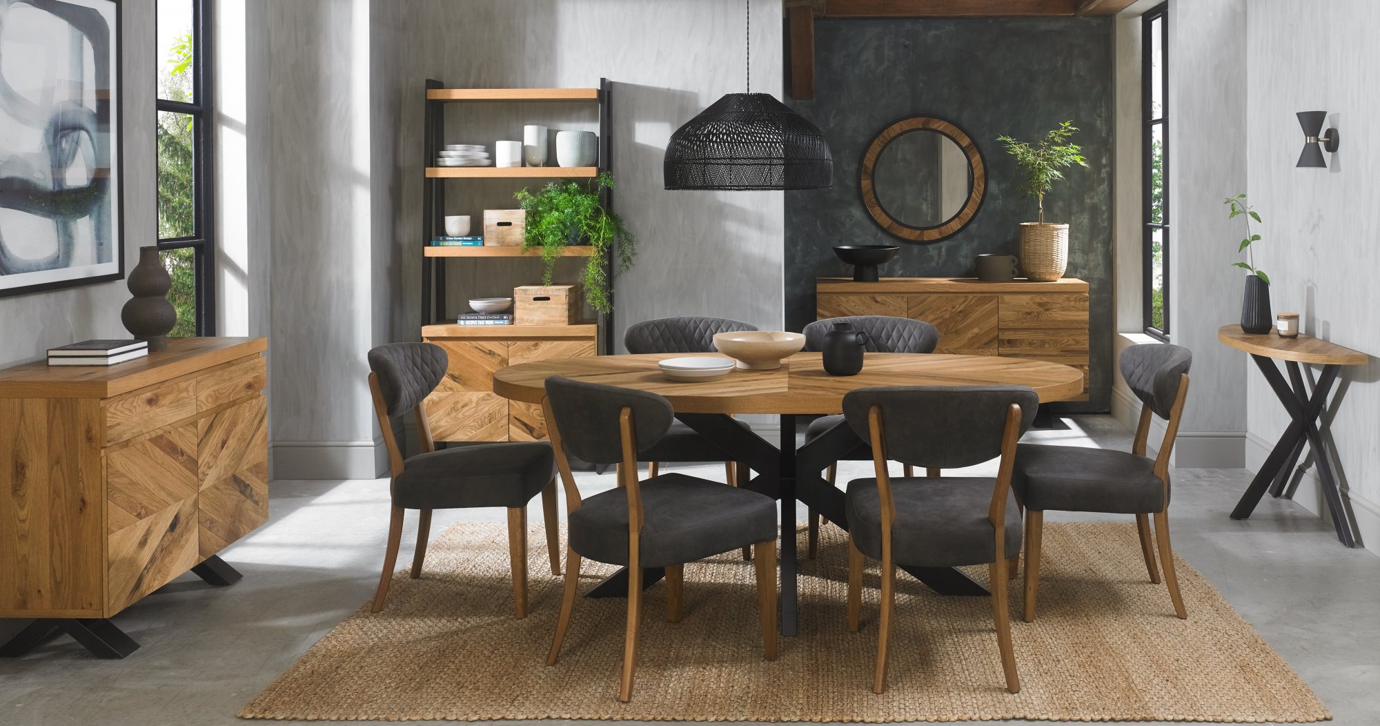 Home Origins Bosco Rustic Oak Lamp Table- 6 seater table and ellipse dark grey fabric