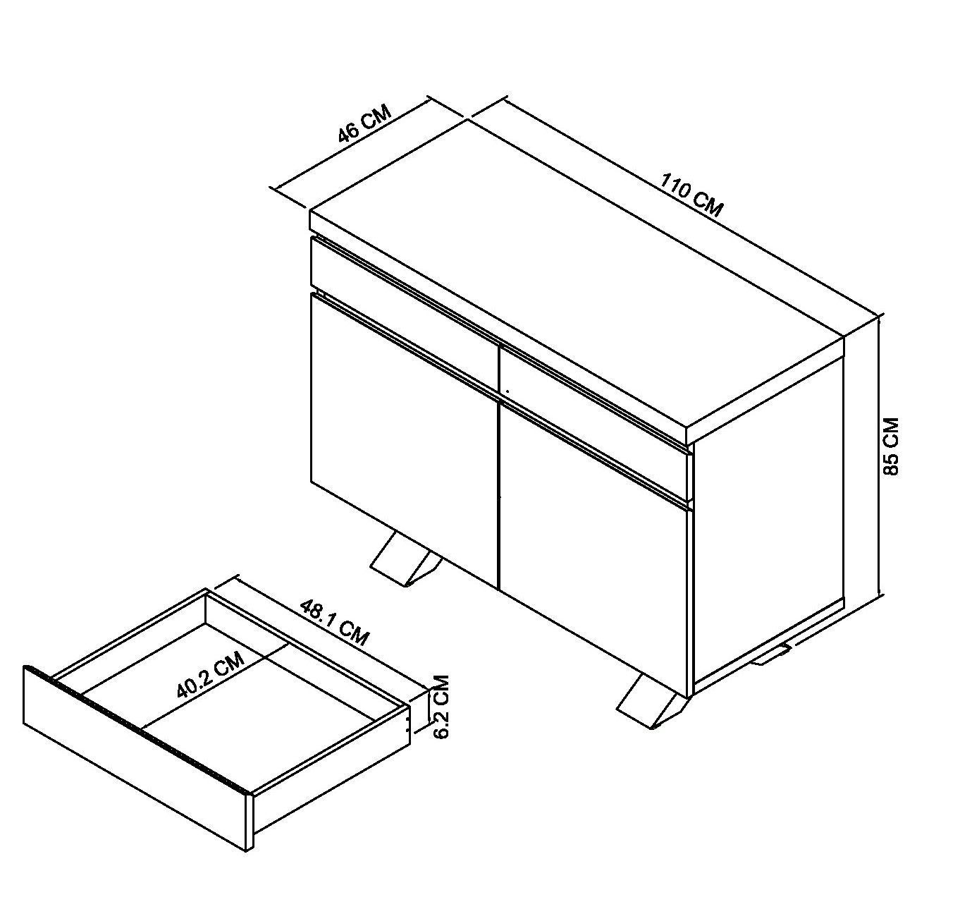 Home Origins Bosco Rustic Oak Narrow Sideboard- line drawing