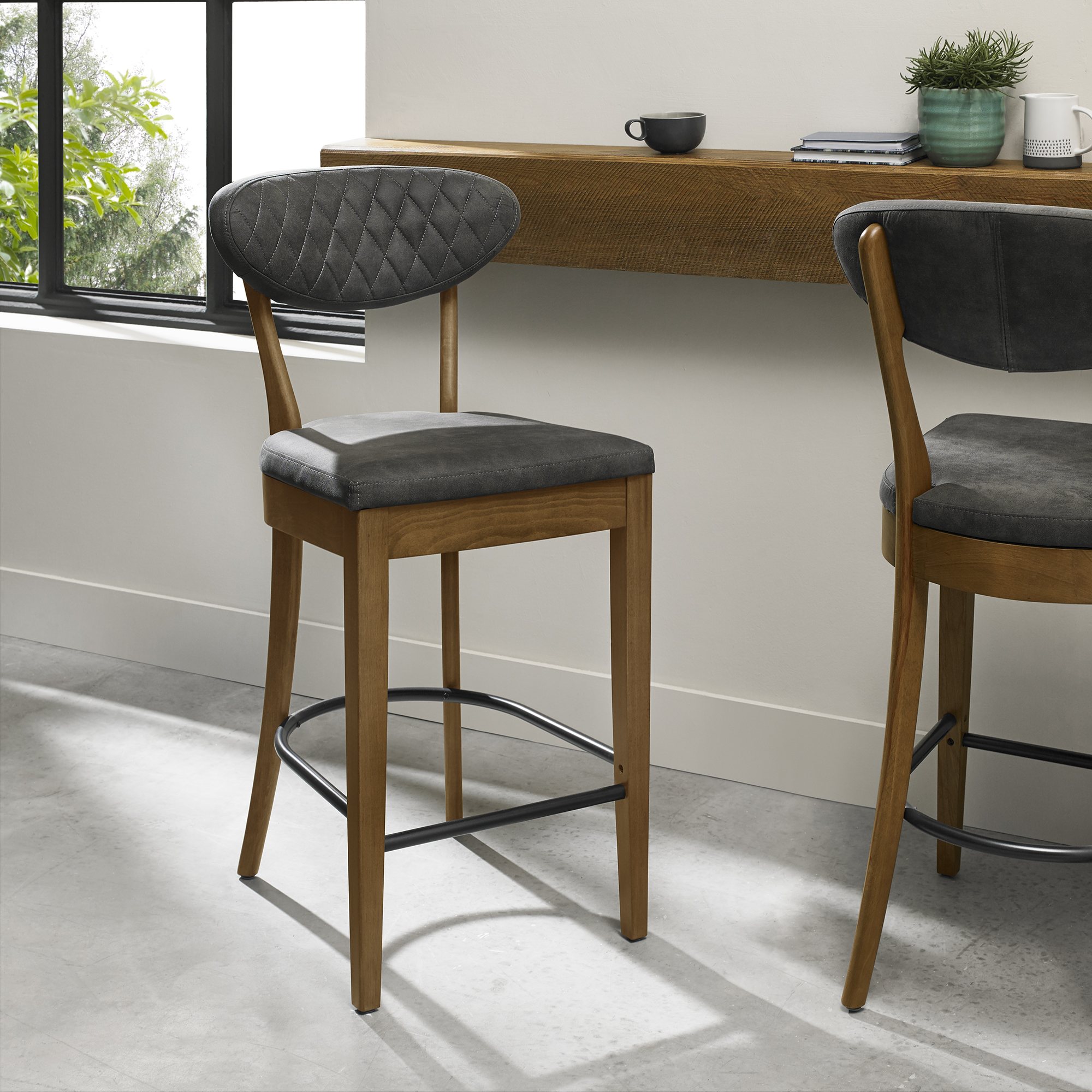 Home Origins Bosco Rustic Oak Upholstered Bar Stool- Dark Grey Fabric- Feature