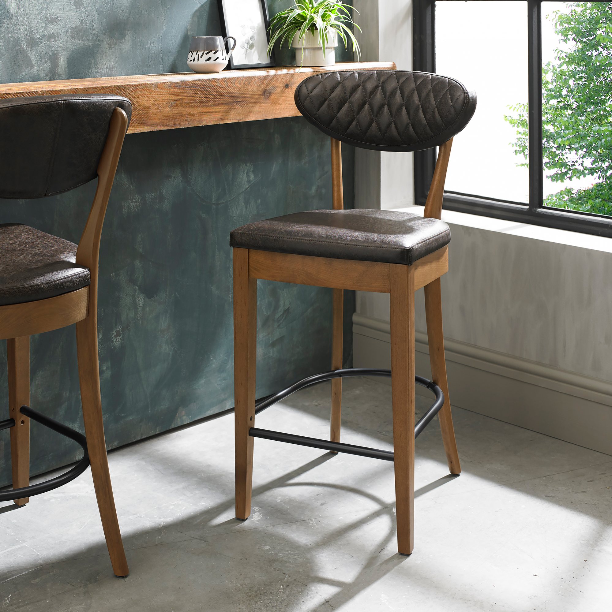 Home Origins Bosco Rustic Oak Upholstered Bar Stool- Old West Vintage Fabric- Feature
