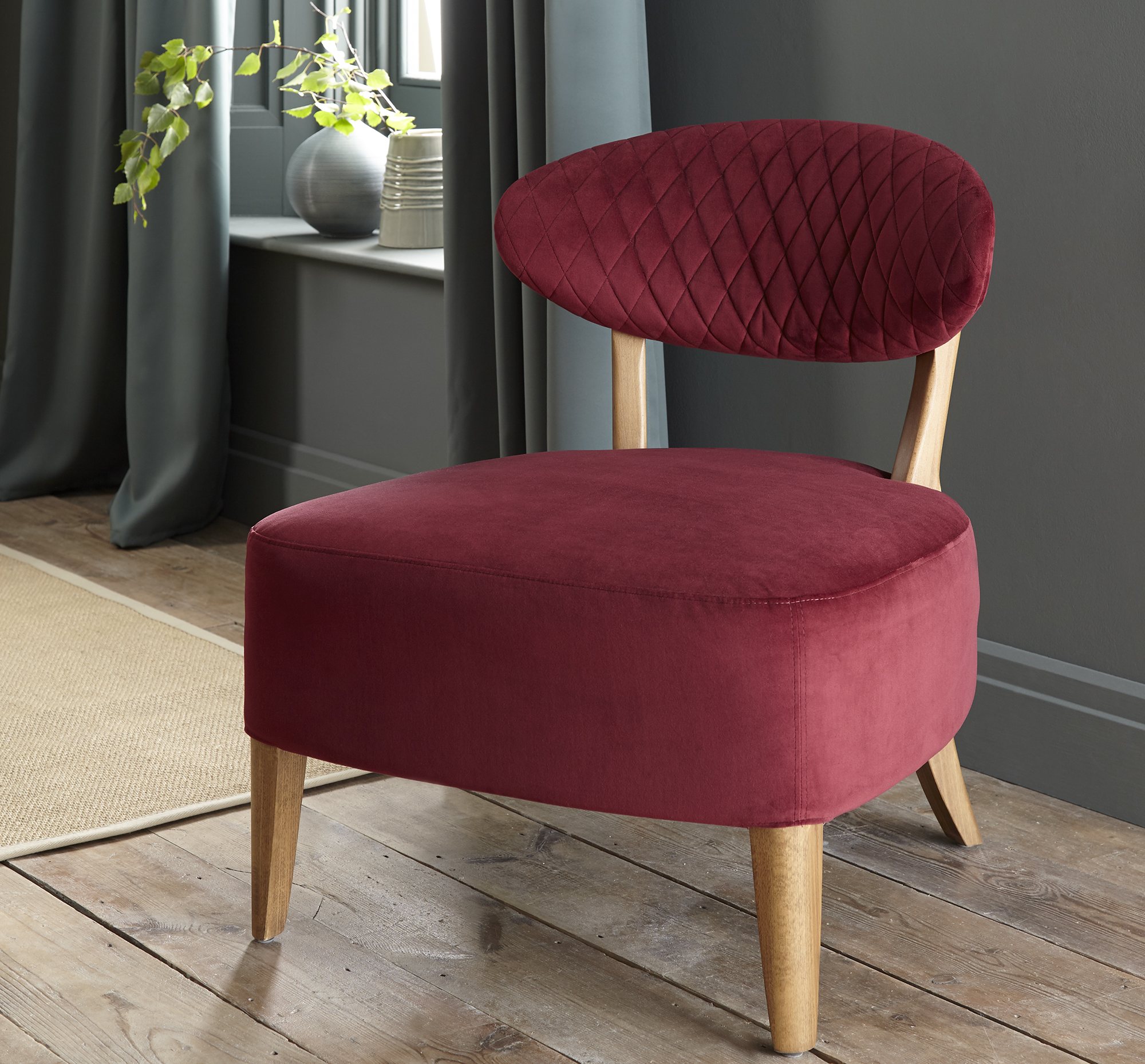 Home Origins Bosco Rustic Oak Casual Chair- Crimson Velvet Fabric- feature
