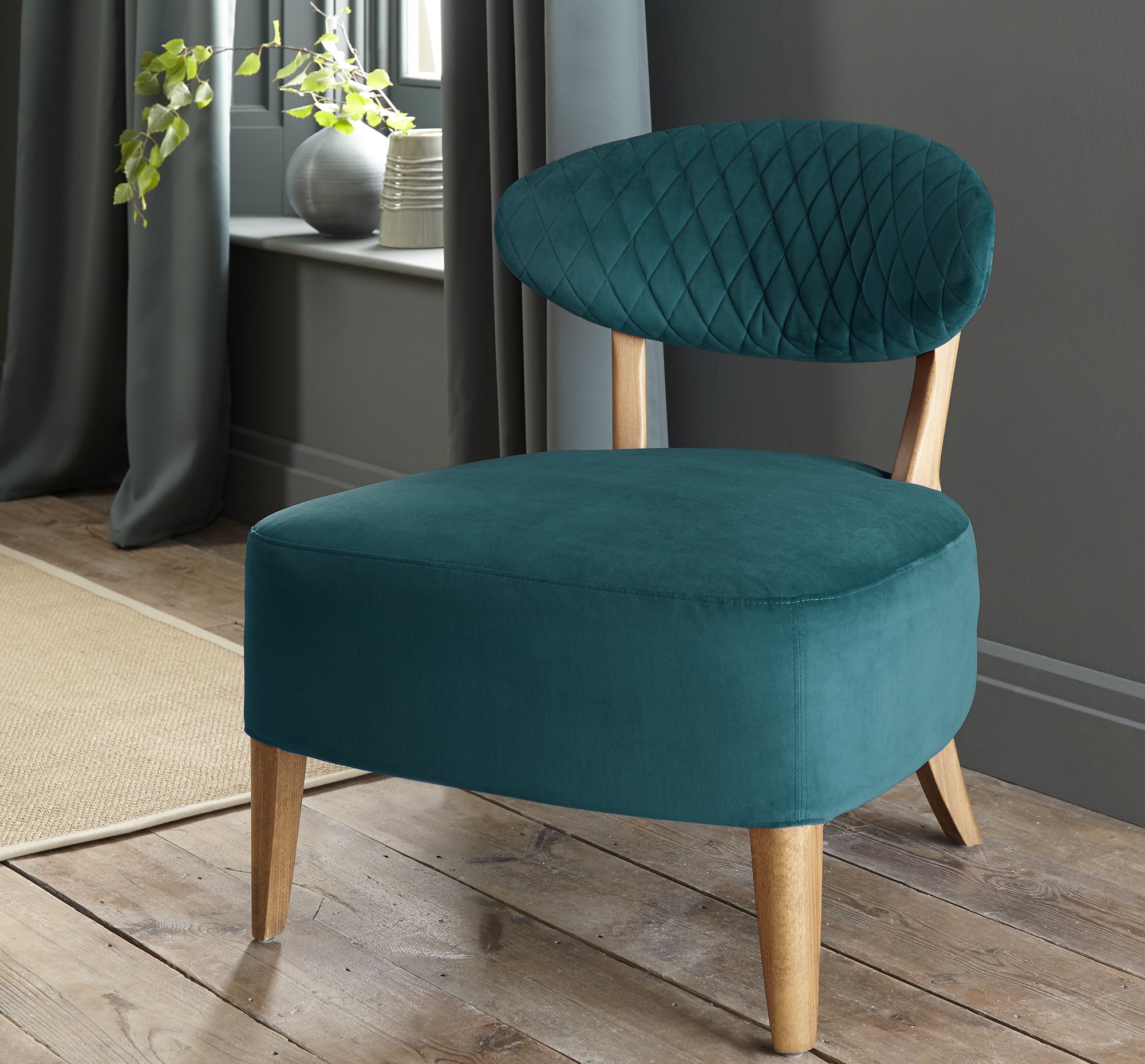Home Origins Bosco Rustic Oak Casual Chair- Sea Green Velvet Fabric- feature