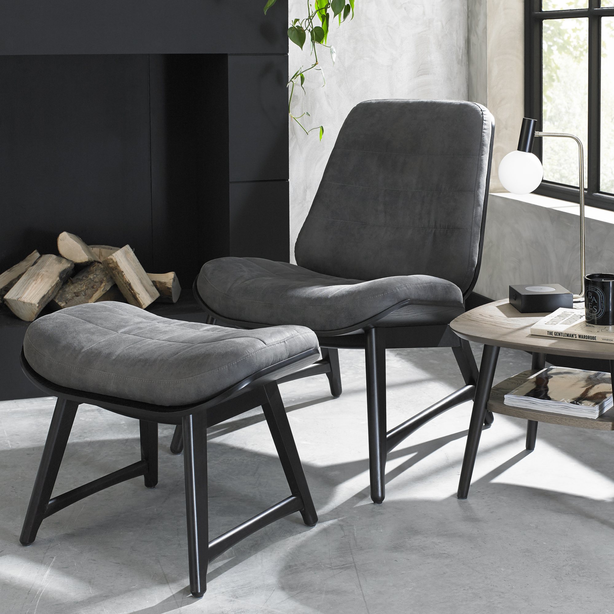 Home Origins Tuxen Peppercorn Casual Chair- Dark Grey Fabric- feature with footstool