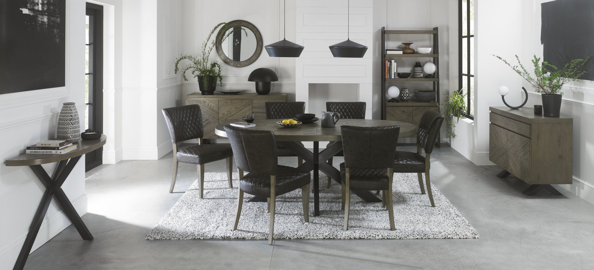 Home Origins Bosco Fumed Oak 6 Seater Dining Table & 6 Constable Fumed Oak Upholstered Chairs- Old West Vintage- lifestyle