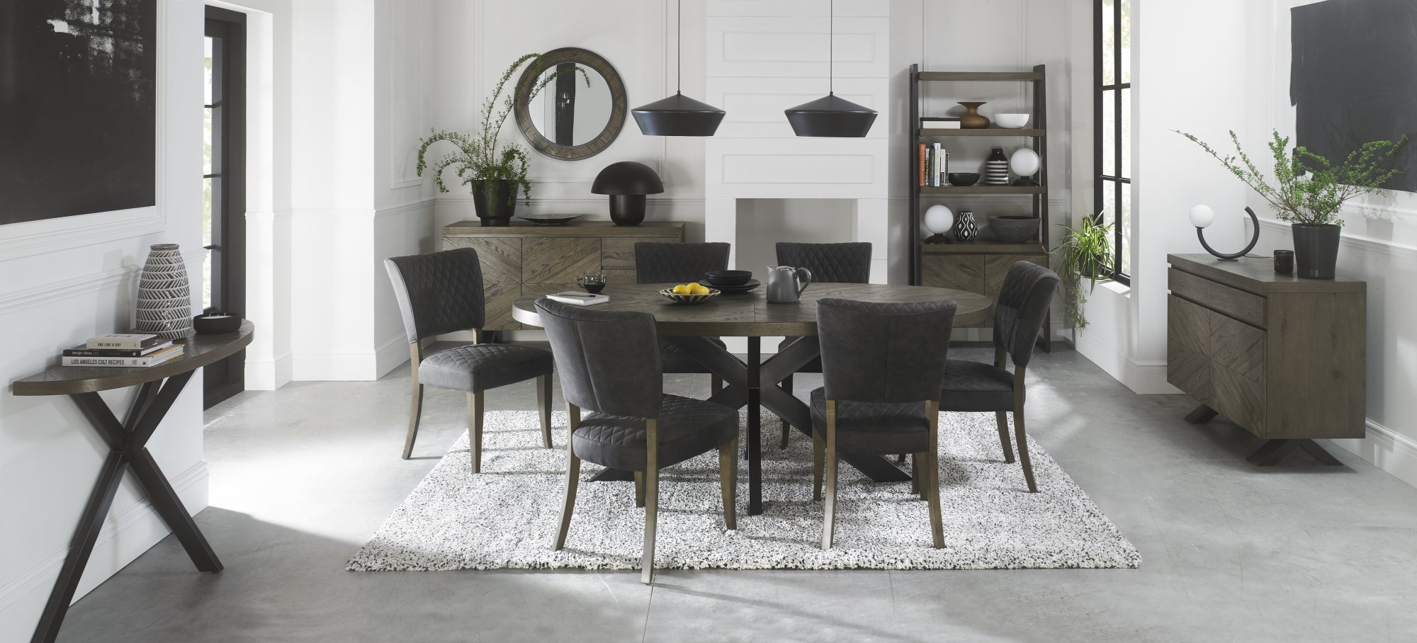 Home Origins Bosco Fumed Oak 6 Seater Dining Table & 6 Constable Fumed Oak Upholstered Chairs- Dark Grey Fabric- lifestyle