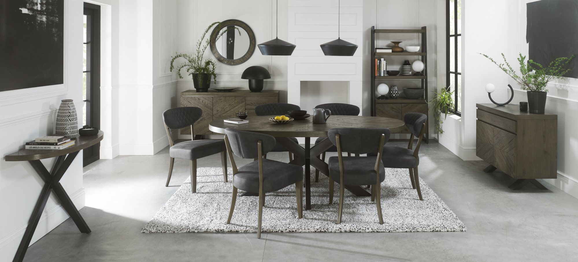 Home Origins Bosco Fumed Oak 6 Seater Dining Table & 6 Bosco Fumed Oak Upholstered Chairs- Dark Grey Fabric- lifestyle