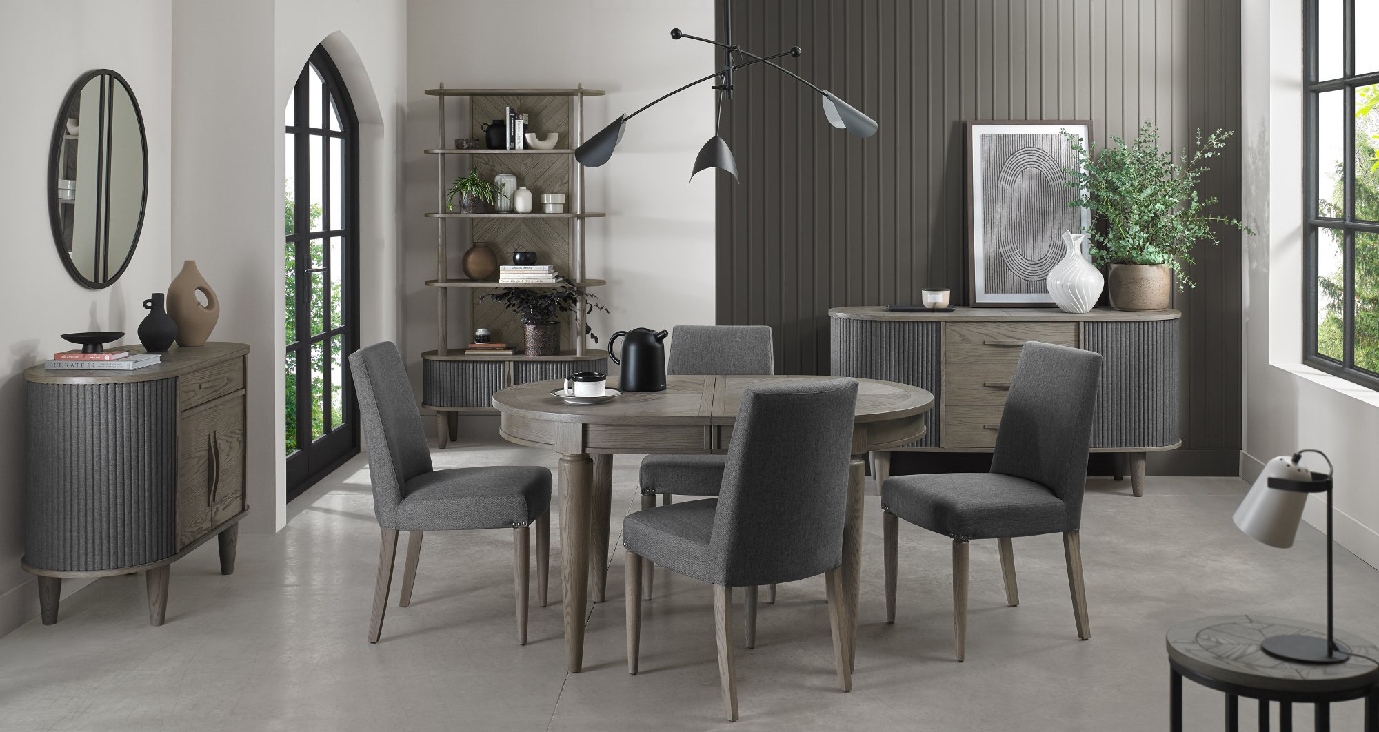 Home Origins Monet Silver Grey 4-6 Seater Dining Table & 4 Monet Silver Grey Upholstered Chairs- Slate Grey Fabric- lifestyle