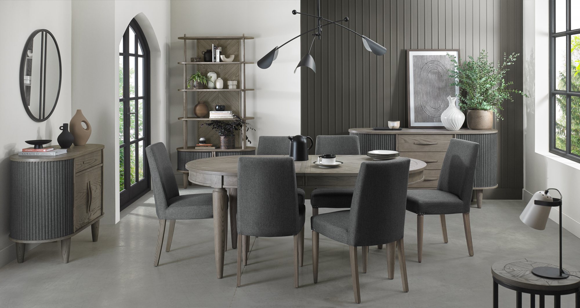 Home Origins Monet Silver Grey 6-8 Seater Dining Table & 6 Monet Silver Grey Upholstered Chairs- Slate Grey Fabric- lifestyle