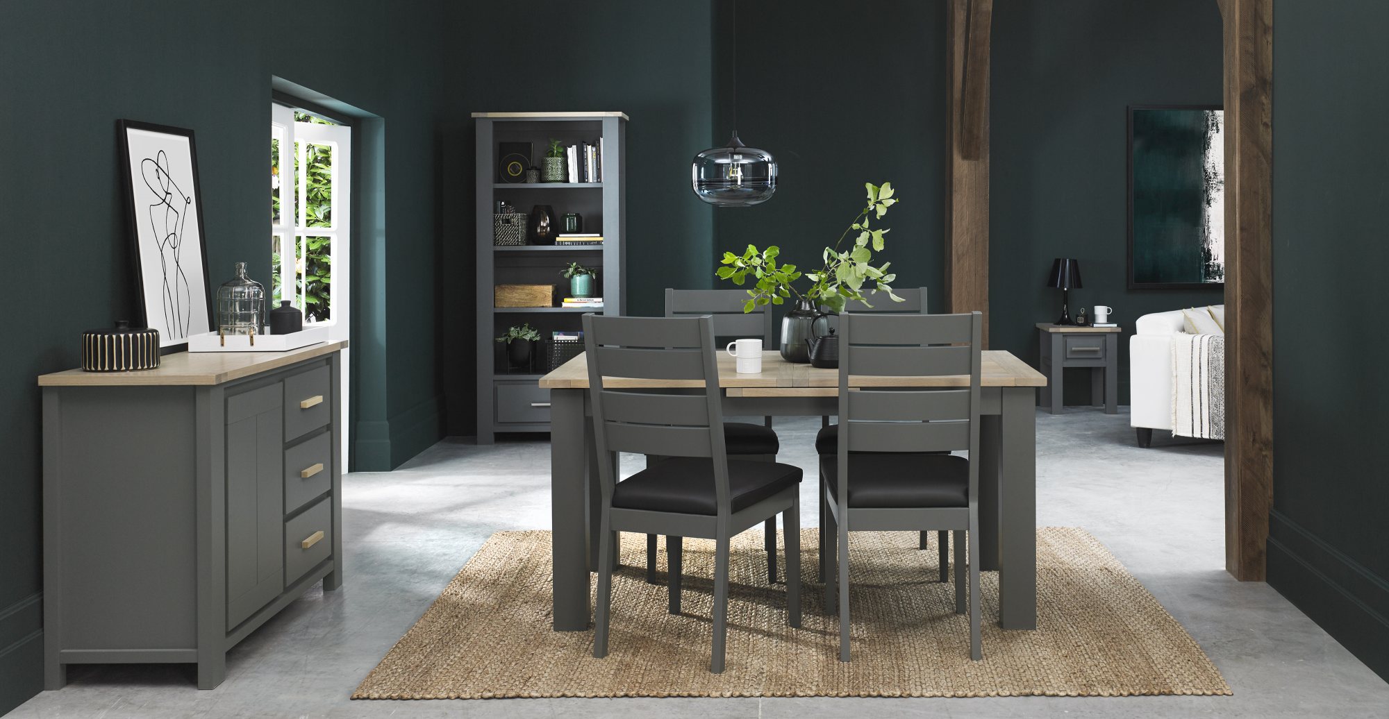 Home Origins Hopper Dark Grey & Scandi Oak 4-6 Seater Dining Table & 4 Hopper Dark Grey Chairs-  Dark Grey Bonded Leather- li