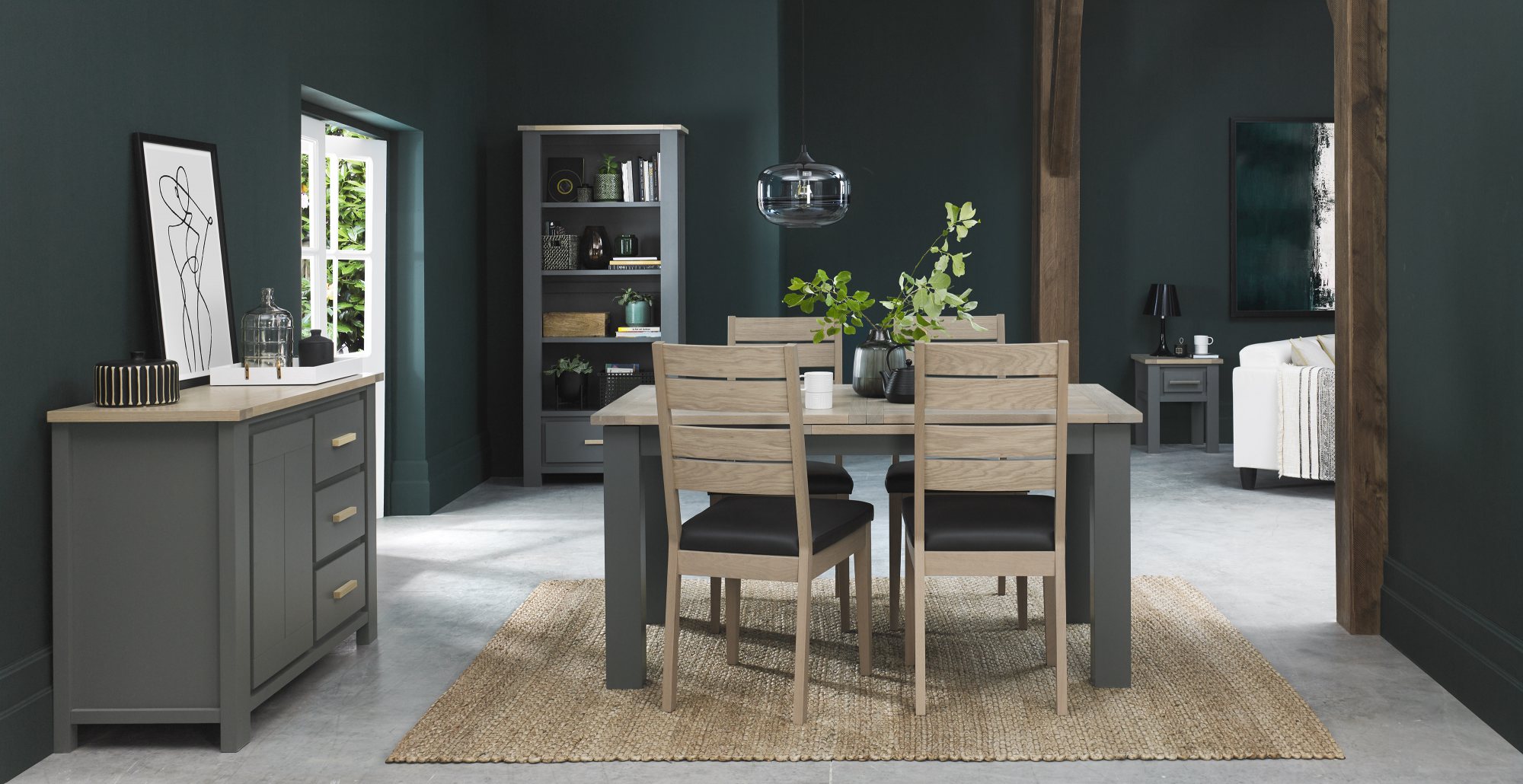 Home Origins Hopper Dark Grey & Scandi Oak 4-6 Seater Dining Table & 4 Hopper Scandi Oak Chairs-  Dark Grey Bonded Leather- l