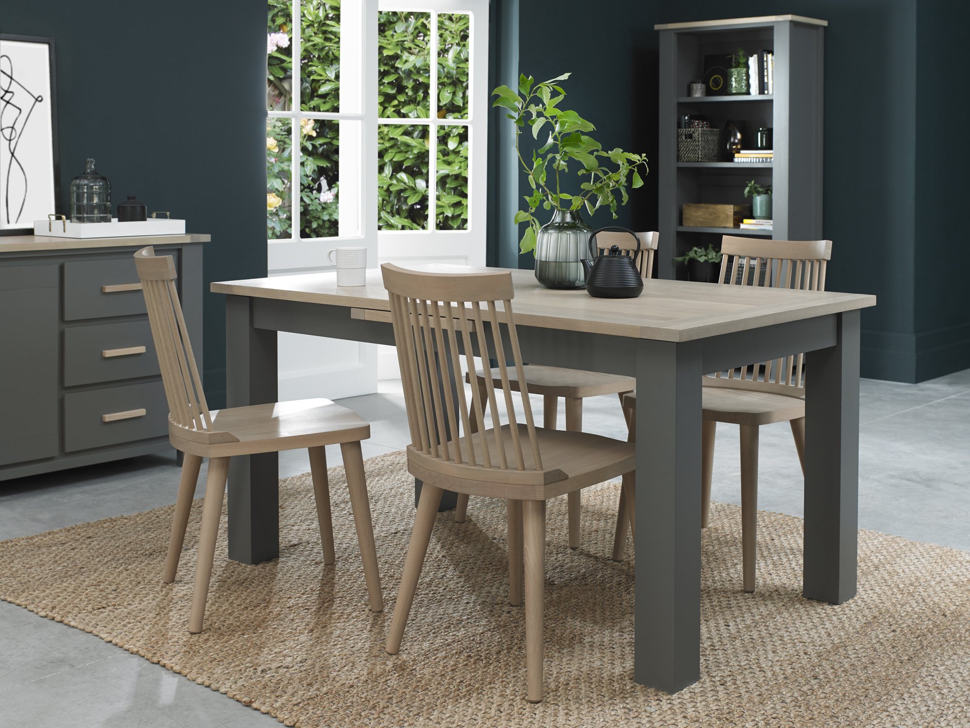 Home Origins Hopper Dark Grey & Scandi Oak 4-6 Seater Dining Table & 4 Johansen Spindle Chairs- Scandi Oak- lifestyle