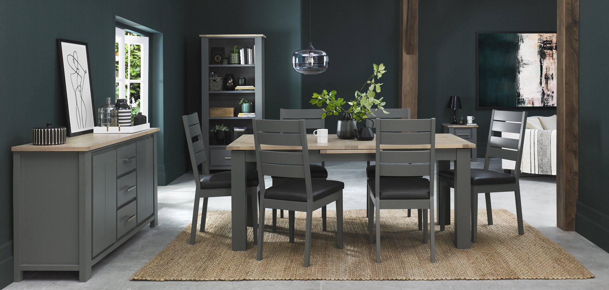 Home Origins Hopper Dark Grey & Scandi Oak 6-8 Seater Dining Table & 6 Hopper Dark Grey Chairs-  Dark Grey Bonded Leather- li