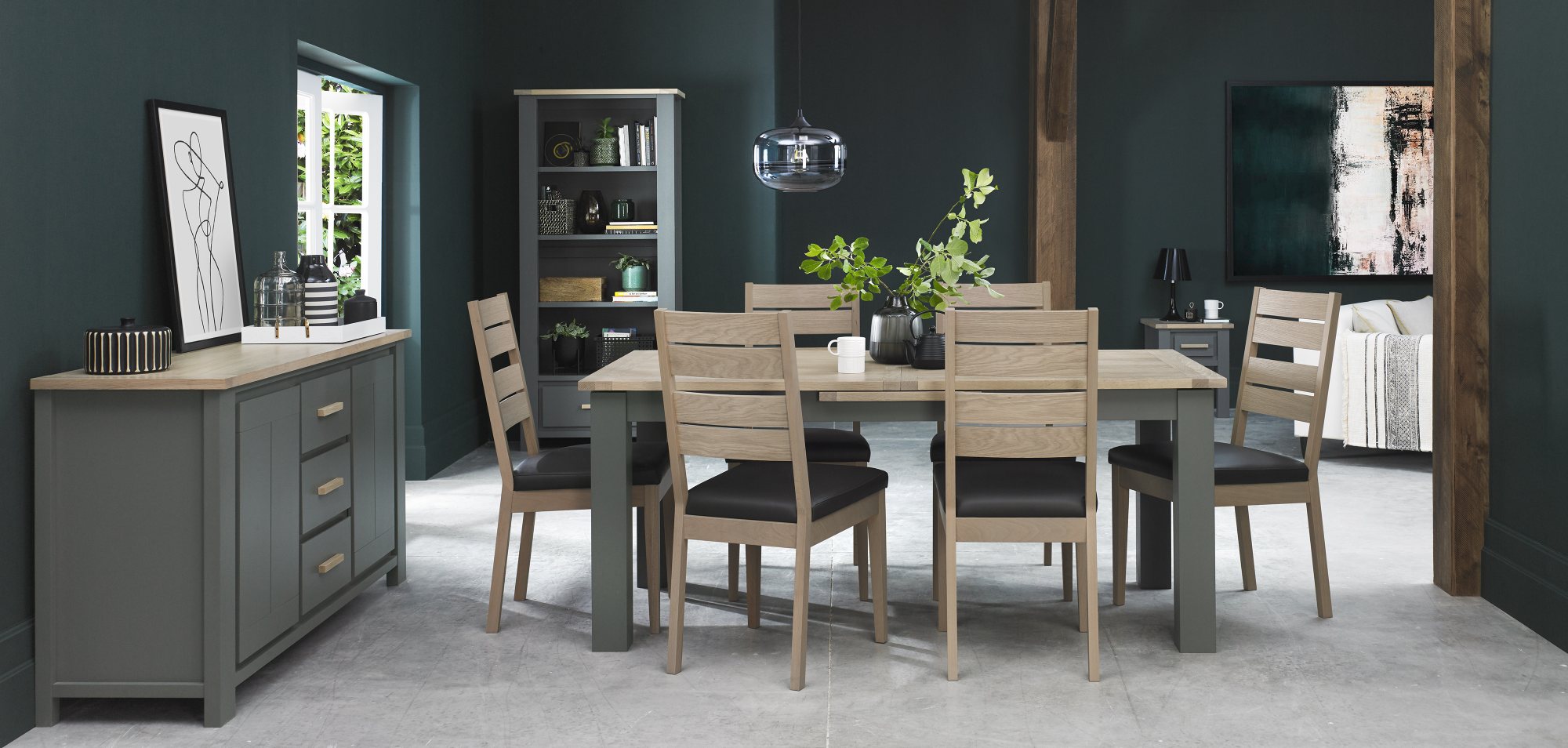 Home Origins Hopper Dark Grey & Scandi Oak 6-8 Seater Dining Table & 6 Hopper Scandi Oak Chairs-  Dark Grey Bonded Leather- l