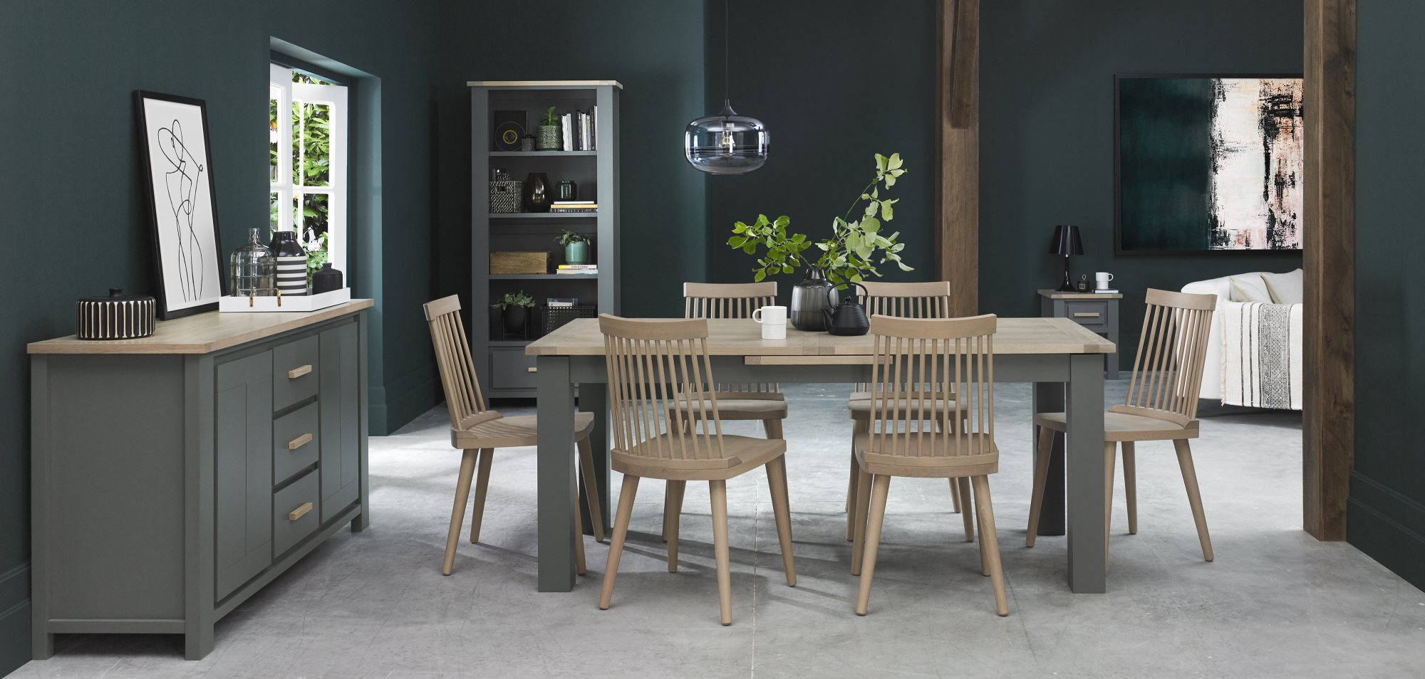 Home Origins Hopper Dark Grey & Scandi Oak 6-8 Seater Dining Table & 6 Johansen Spindle Chairs- Scandi Oak- lifestyle