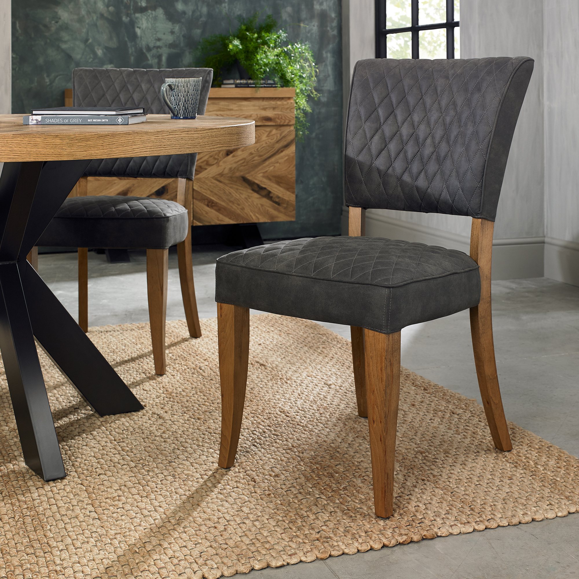 Home Origins Constable Rustic Oak Upholstered Chair- Dark Grey Fabric- feature shot