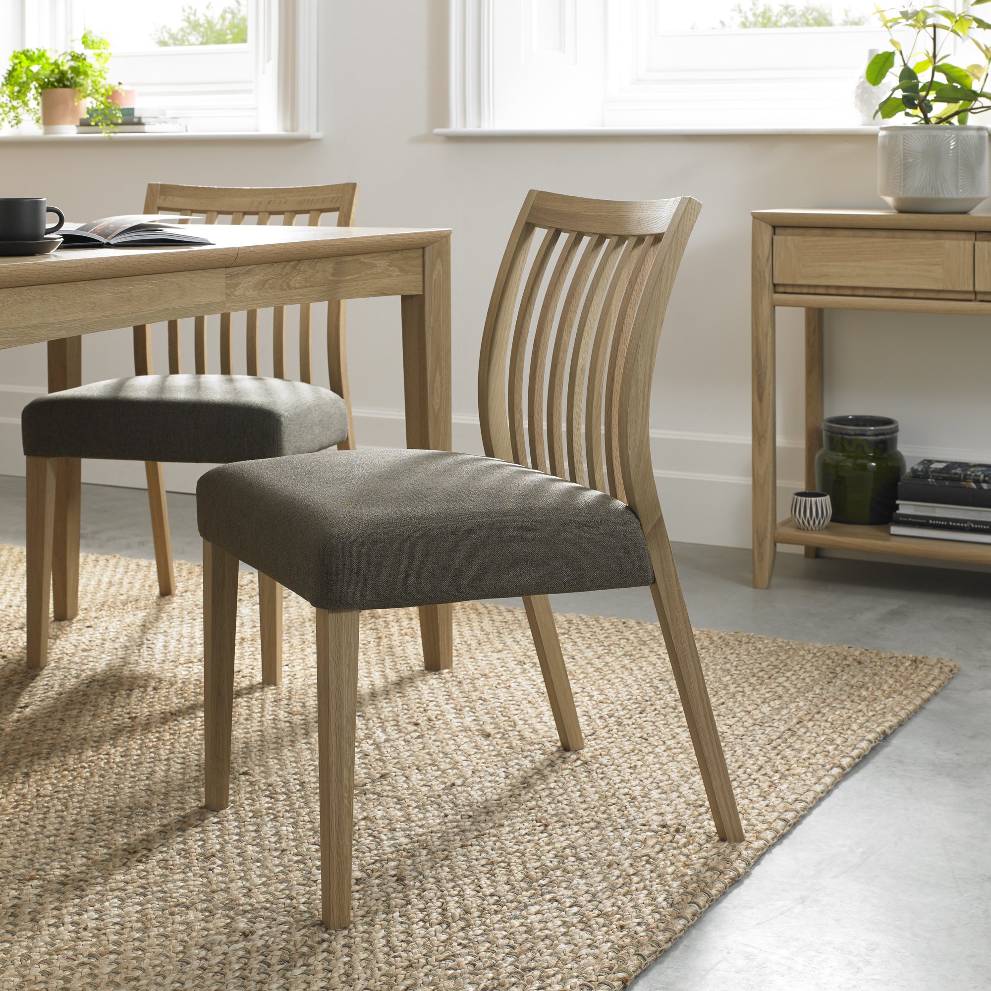 Jasper Oak Low Back Slatted Chairs in a Black Gold Fabric