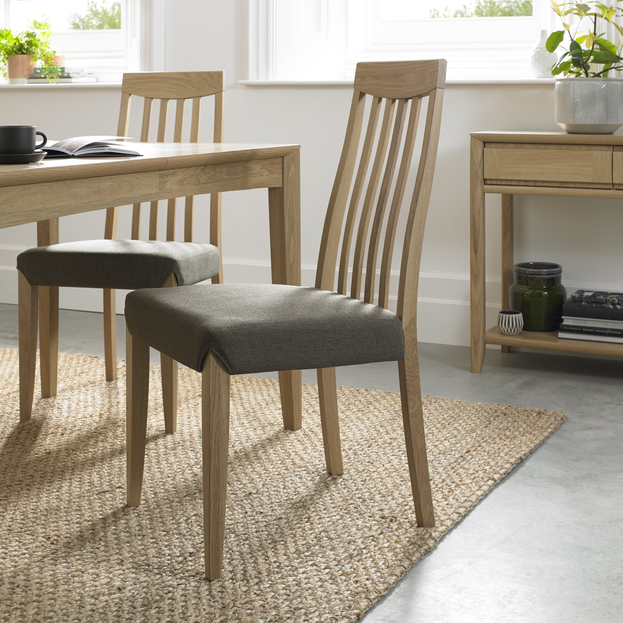 Jasper Oak Slatted Back Chairs in a Black Gold Fabric