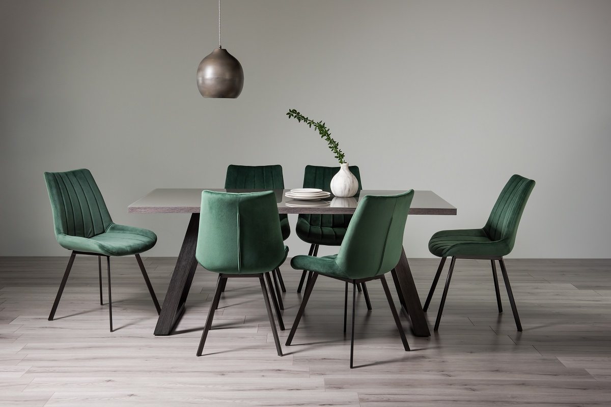 Hirst Grey Painted Glass 6 Seater Dining Table & 6 Fontana Green Velvet Fabric Chairs