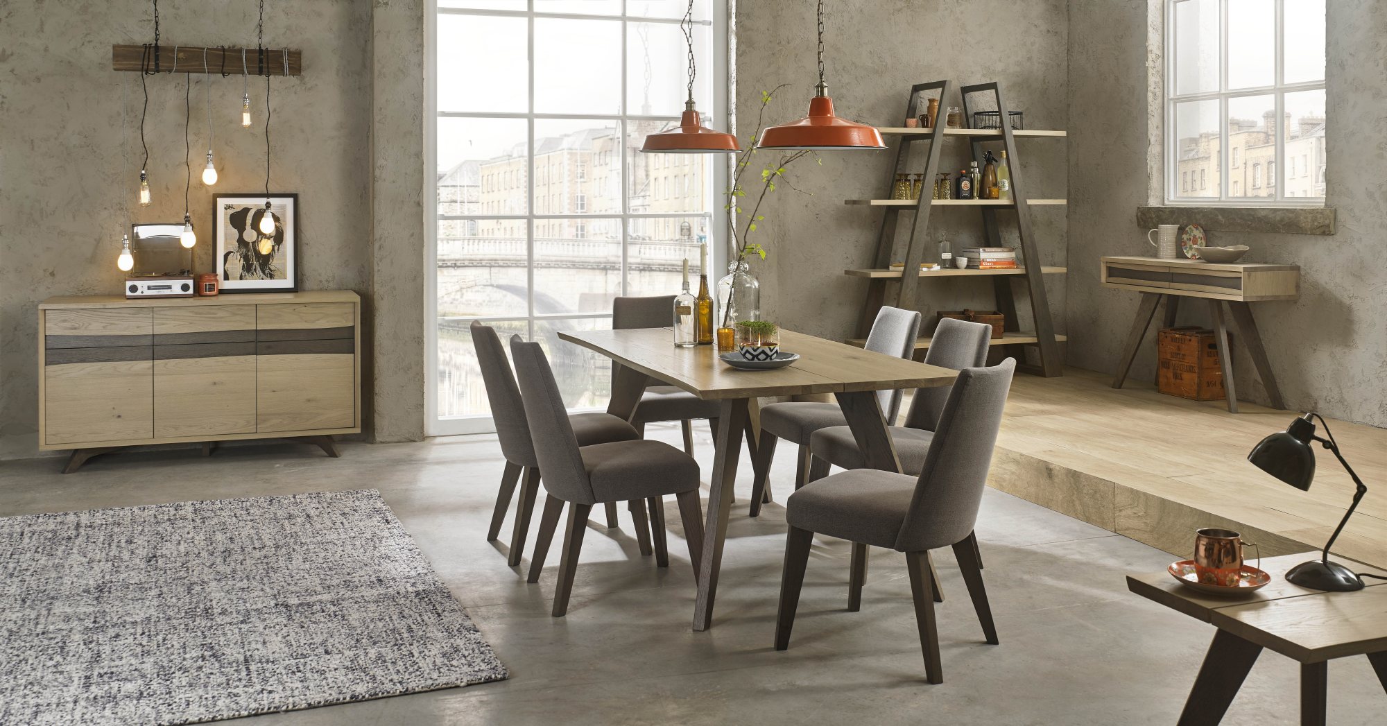 Home Origins Garner Aged Oak Upholstered Smoke Grey Chairs - lifestyle shot