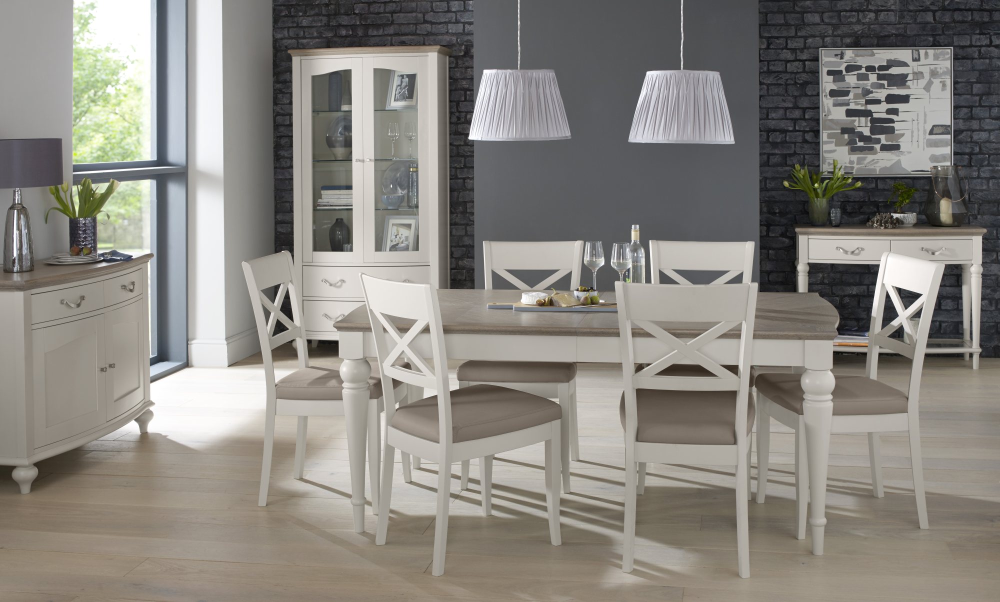 Miller - Grey Washed Oak X Back Dining Chair in Grey Bonded Leather (Pair)