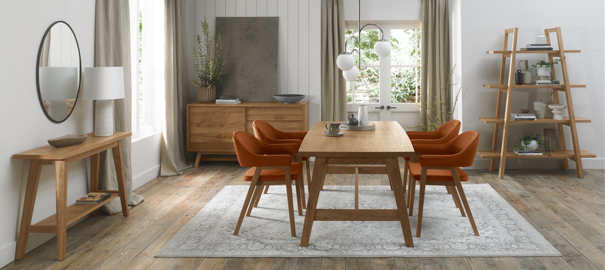 Rosen - Rustic Oak Dining Arm Chair in Rust Velvet (Pair)