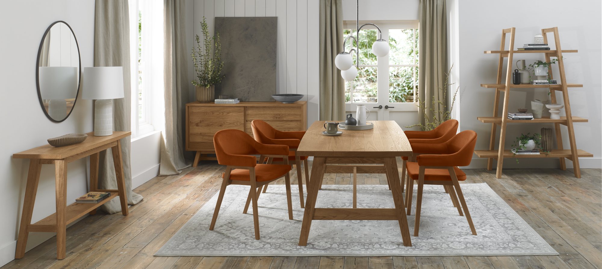 Rosen - Rustic Oak Dining Arm Chair in Rust Velvet (Pair)