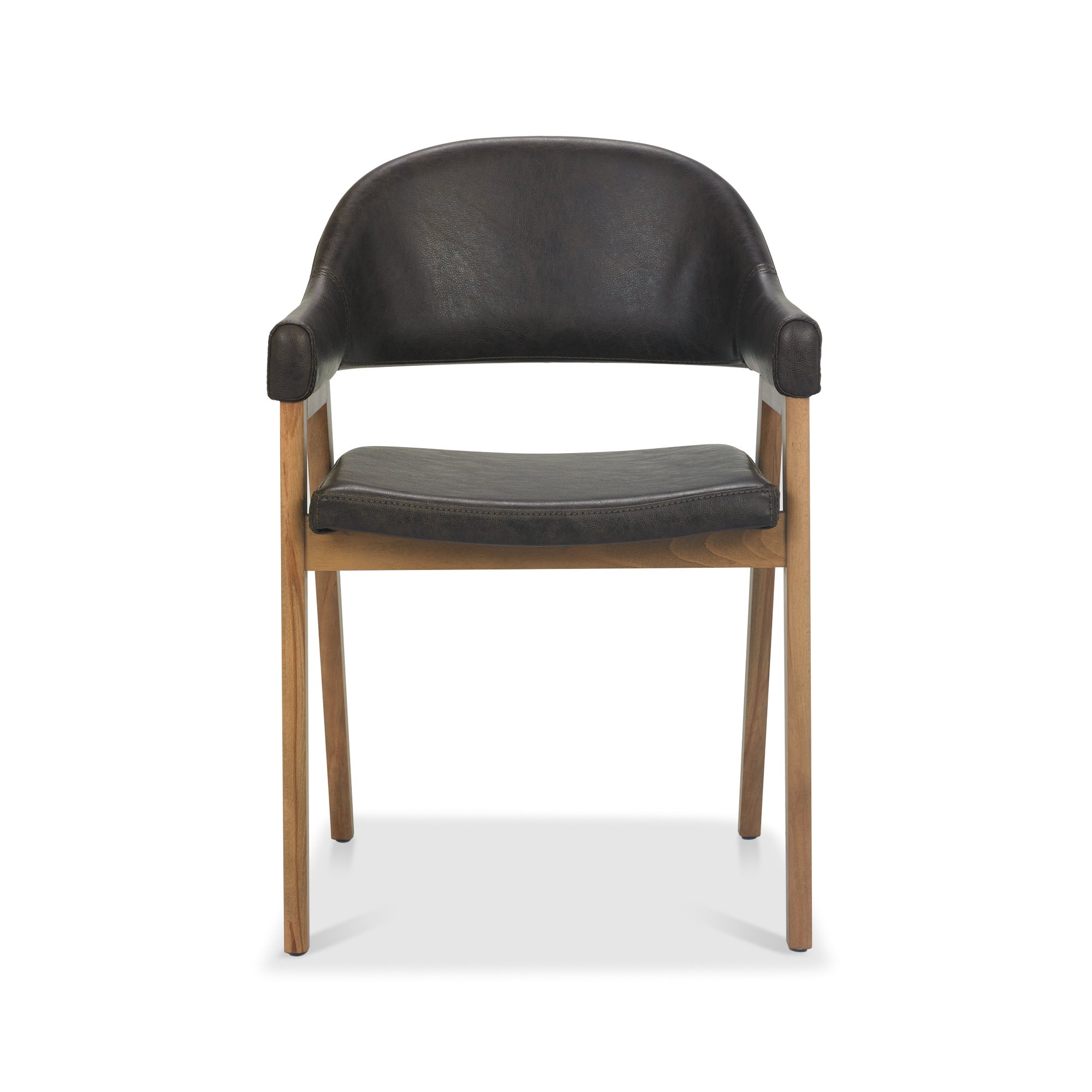 Rosen - Rustic Oak Dining Arm Chair in Vintage Brown Bonded Leather (Pair)