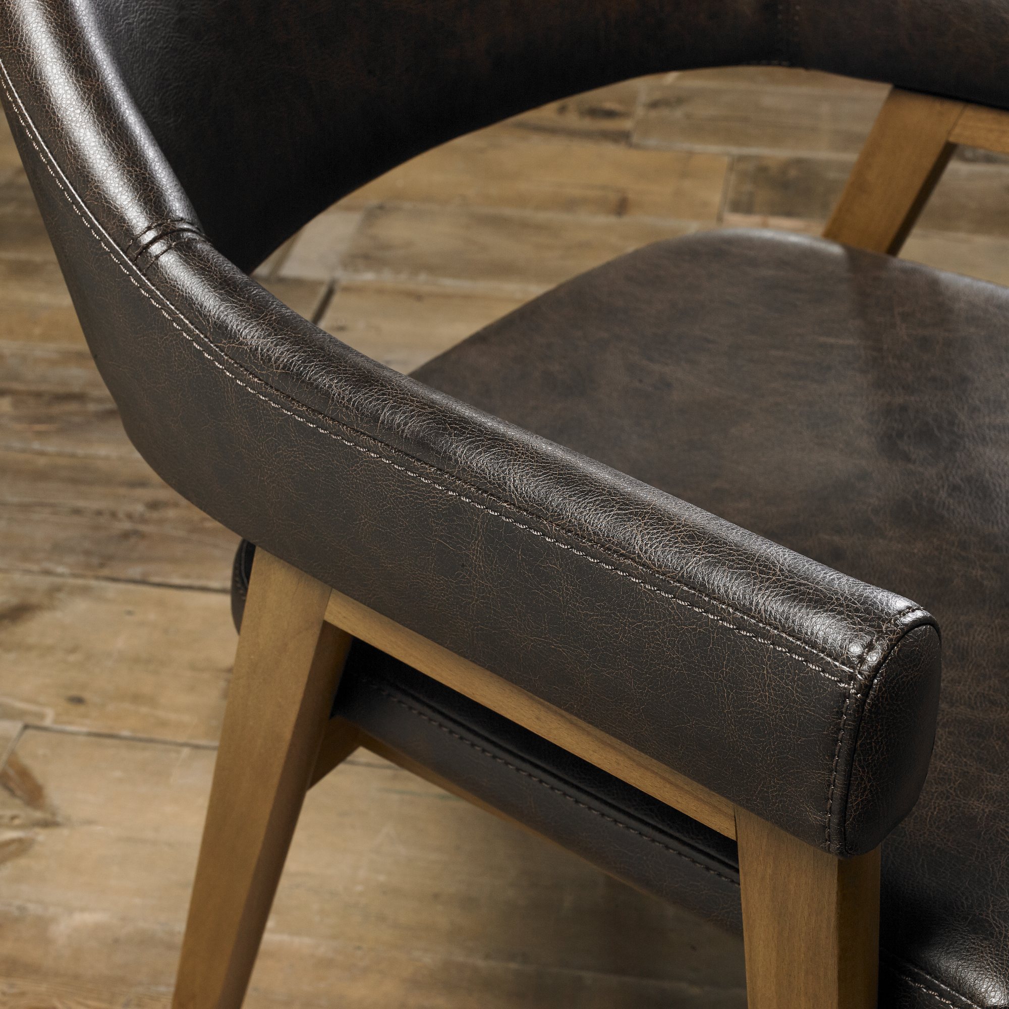 Rosen - Rustic Oak Dining Arm Chair in Vintage Brown Bonded Leather (Pair)