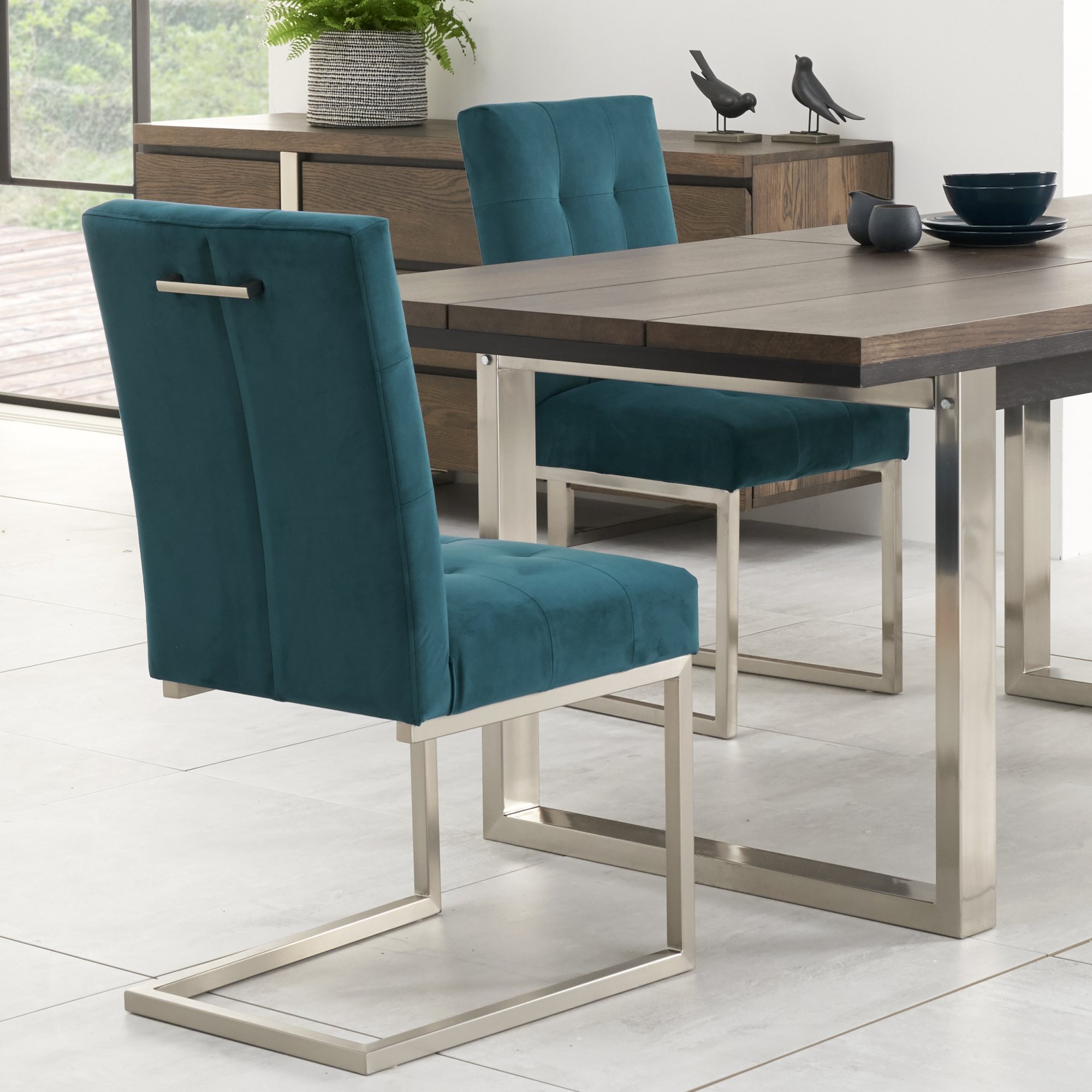 Turner - Cantilever Dining Chair in Sea Green Velvet (Pair)
