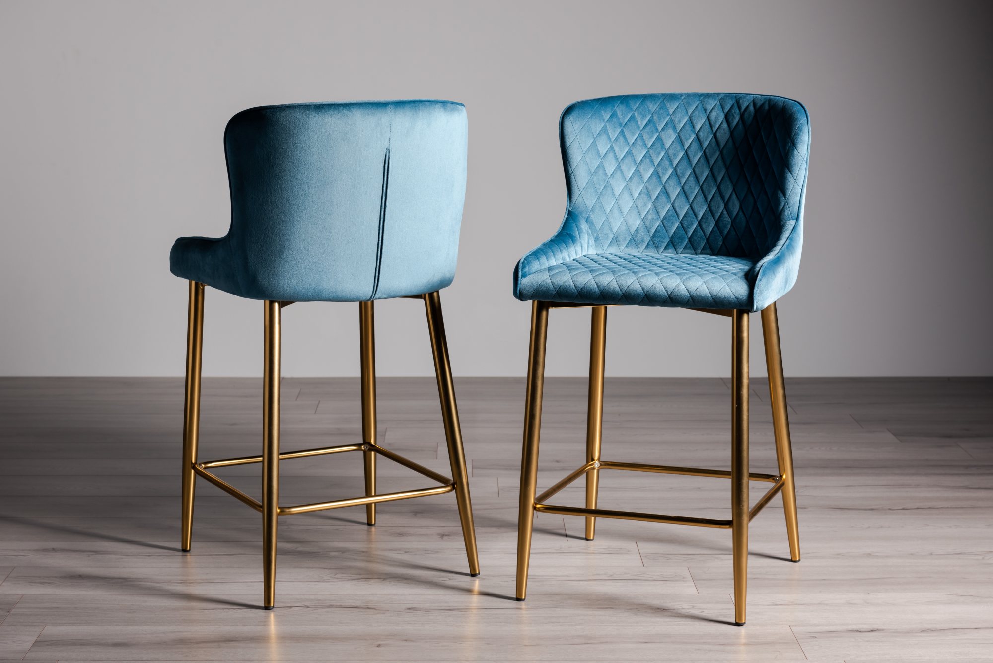 Cezanne Petrol Blue Velvet Fabric Bar Stools with Gold Legs