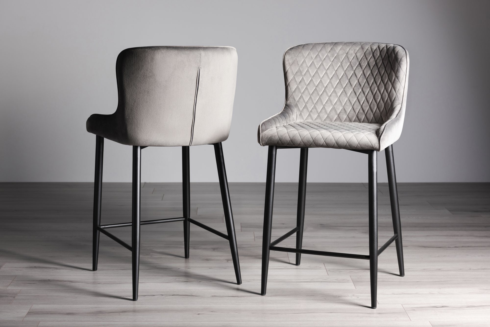 Cezanne Grey Velvet Fabric Bar Stools with Black Legs