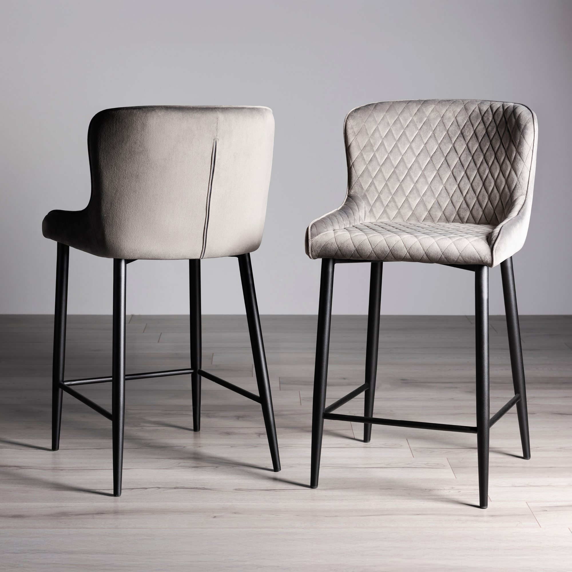 Cezanne Grey Velvet Fabric Bar Stools with Black Legs