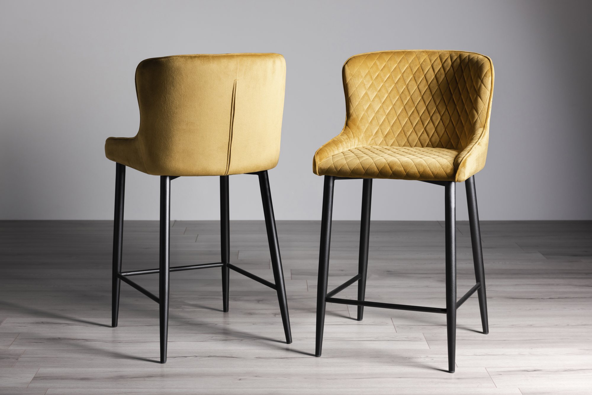 Cezanne Mustard Velvet Fabric Bar Stools with Black Legs