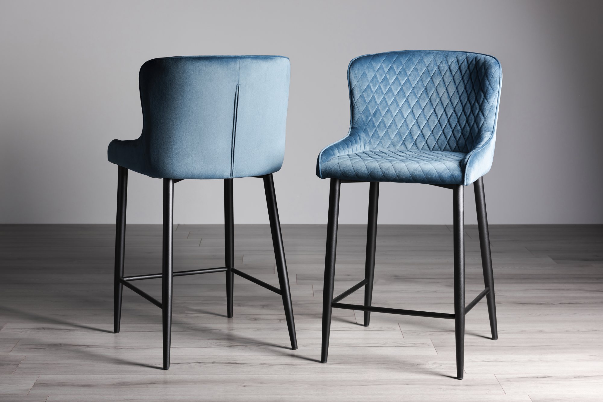 Cezanne Petrol Blue Velvet Fabric Bar Stools with Black Legs