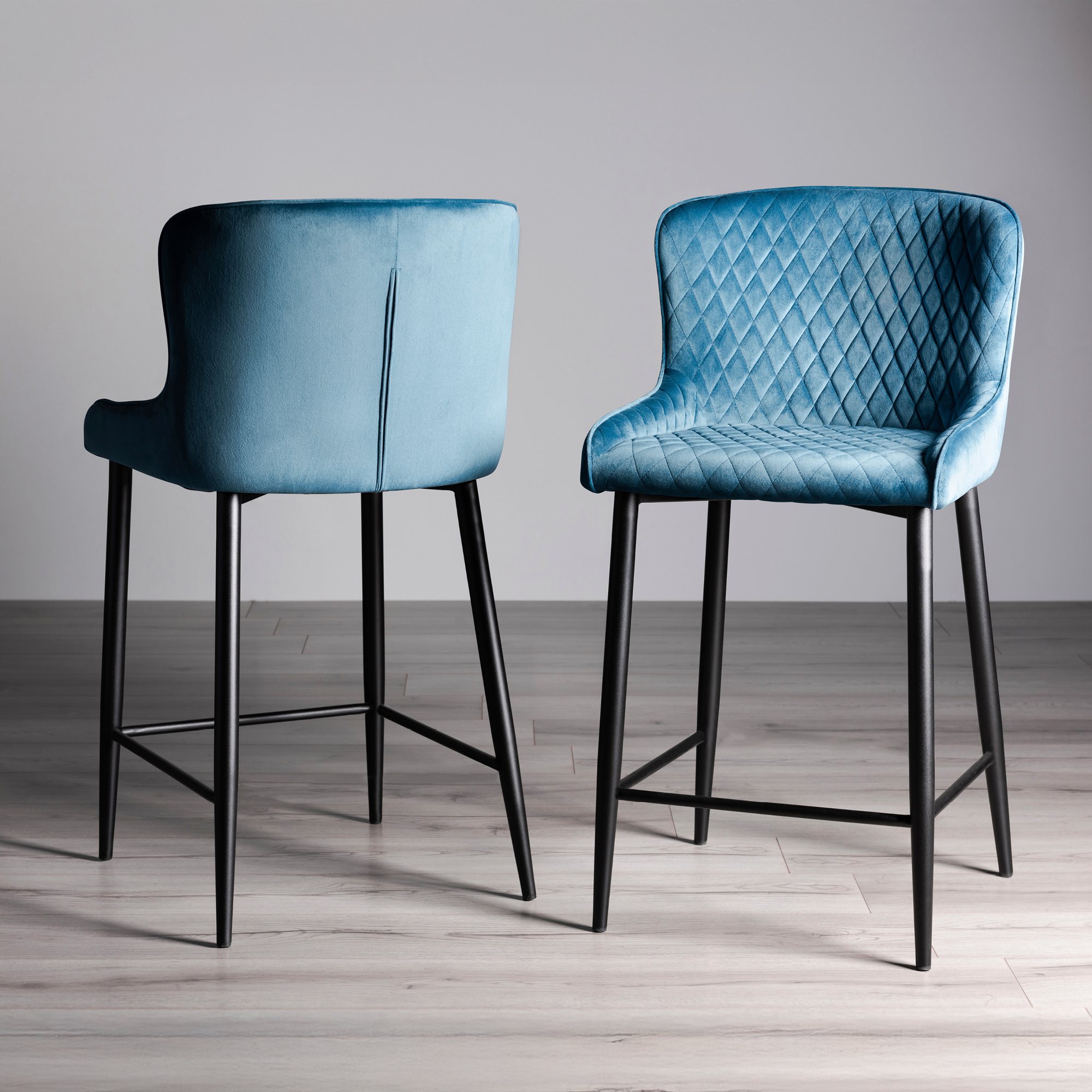 Cezanne Petrol Blue Velvet Fabric Bar Stools with Black Legs