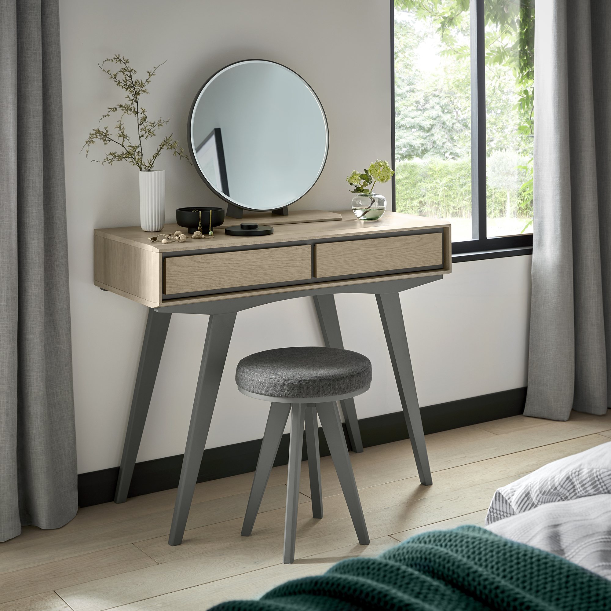 Olsen - Dark Grey Oak Vanity Stool in Grey Fabric