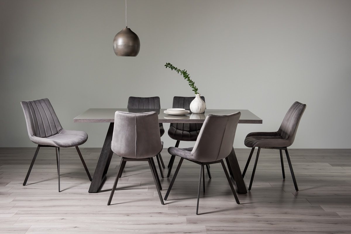 Hirst Grey Painted Glass 6 Seater Dining Table & 6 Fontana Grey Velvet Fabric Chairs