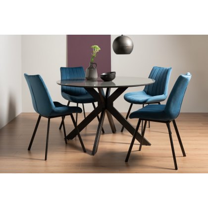 Hirst Grey Painted Glass 4 Seater Dining Table & 4 Fontana Blue Velvet Fabric Chairs