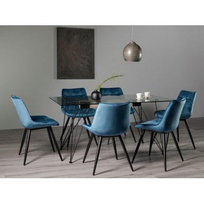 Miro Tempered Glass 6 Seater Dining Table & 6 Seurat Blue Velvet Fabric Chairs