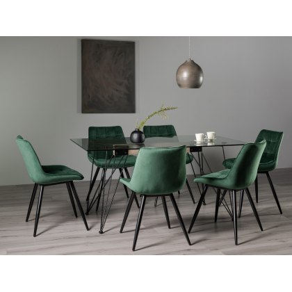 Miro Tempered Glass 6 Seater Dining Table & 6 Seurat Green Velvet Fabric Chairs