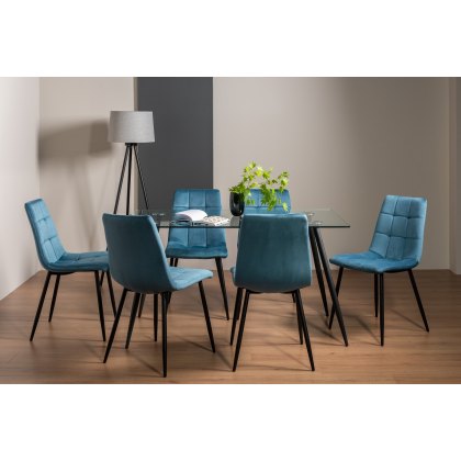 Martini Tempered Glass 6 Seater Dining Table & 6 Mondrian Petrol Blue Velvet Fabric Chairs