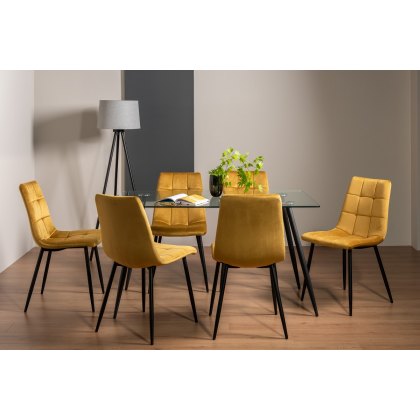 Martini Tempered Glass 6 Seater Dining Table & 6 Mondrian Mustard Velvet Fabric Chairs