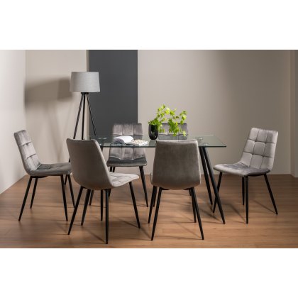 Martini Tempered Glass 6 Seater Dining Table & 6 Mondrian Grey Velvet Fabric Chairs
