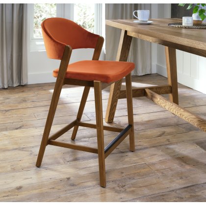 Rosen Rustic Oak Upholstered Bar Stool in a Rust Velvet Fabric (Single)