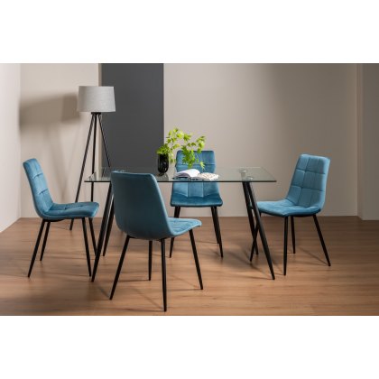 Martini Tempered Glass 6 Seater Dining Table & 4 Mondrian Petrol Blue Velvet Fabric Chairs
