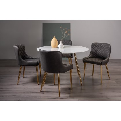 Francesca Marble Effect Glass 4 Seater Dining Table & 4 Cezanne Chairs in Dark Grey Faux Leather with Gold Legs