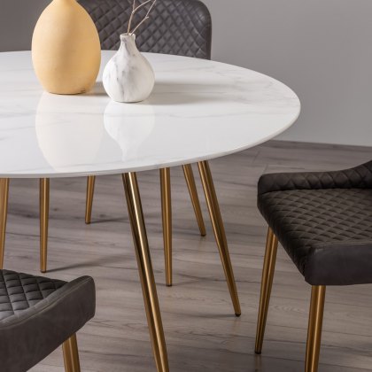 Francesca Marble Effect Glass 4 Seater Dining Table & 4 Cezanne Chairs in Dark Grey Faux Leather with Gold Legs