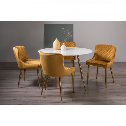 Francesca Marble Effect Glass 4 Seater Dining Table & 4 Cezanne Chairs in Mustard Velvet Fabric with Gold Legs