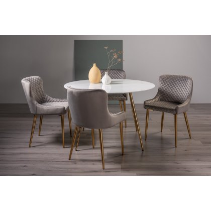 Francesca Marble Effect Glass 4 Seater Dining Table & 4 Cezanne Chairs in Grey Velvet Fabric with Gold Legs